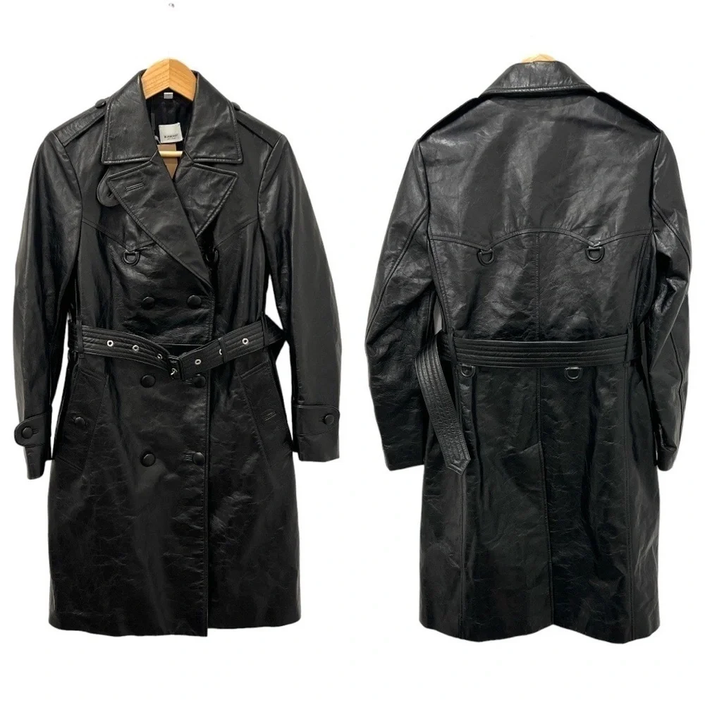 Burberry | NWT D-Ring Detail Crinkled Leather Trench Coat in Black - Size IT 42 - Picture 6 of 16